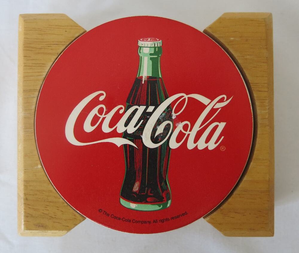 Vintage COCA COLA COKE Coasters in Wood Holder Stone Cork Set of 4 Soda Drinks